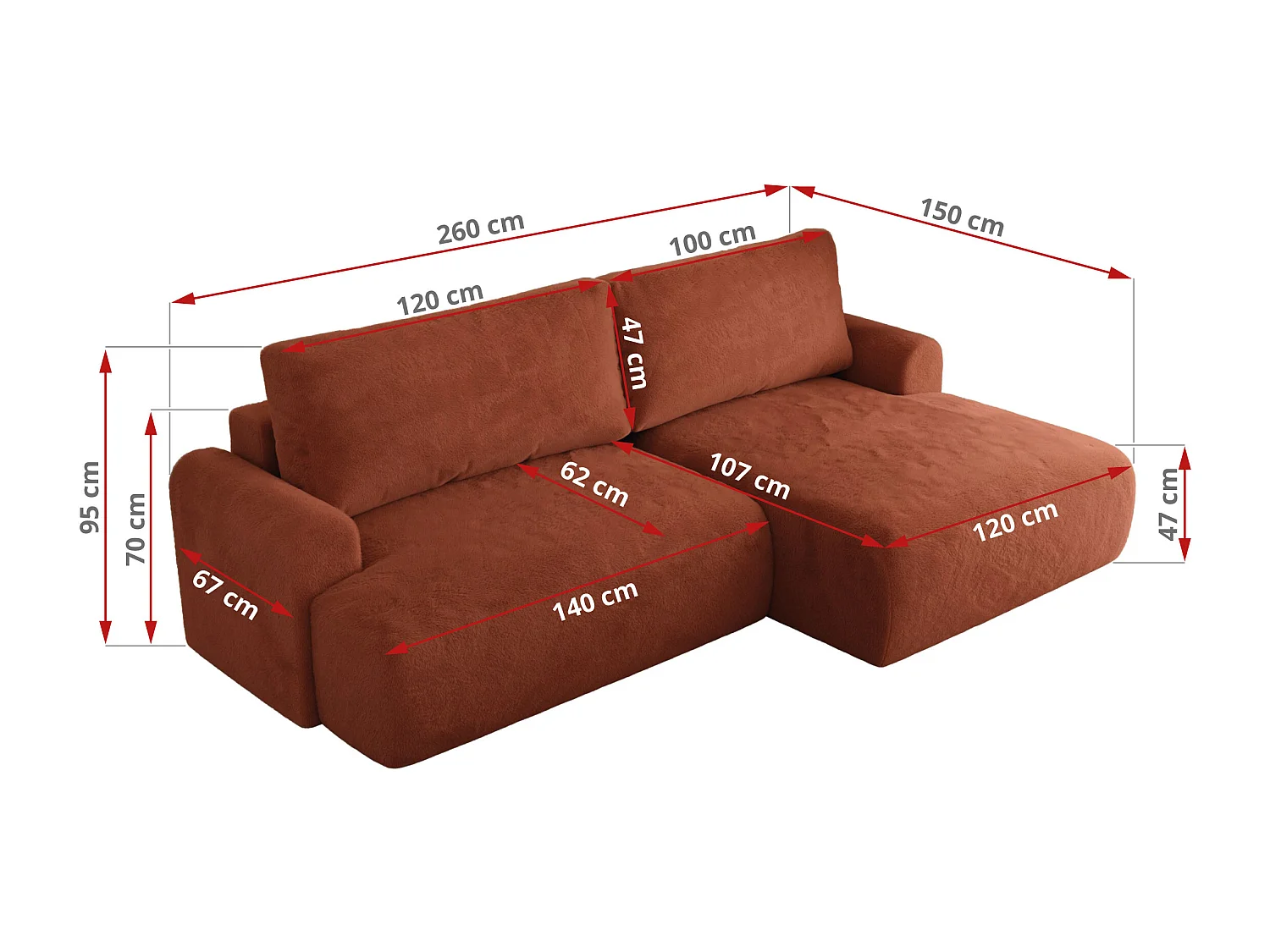 Ecksofa TONO - mit Schlaffunktion und Bettkasten, L-form Ecke, Armlehnen - Orange Plüsch - Ecke Links