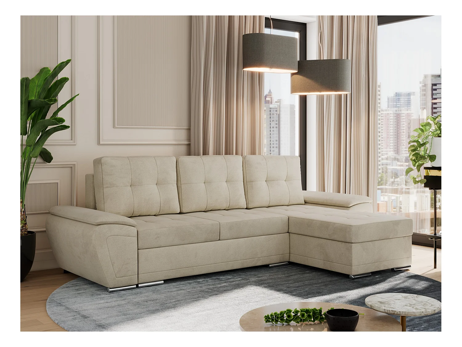 Ecksofa UMBRIA - universell L-form Couch, Schlaffunktion und Bettkasten, gesteppte Ecke - Beige Velvet