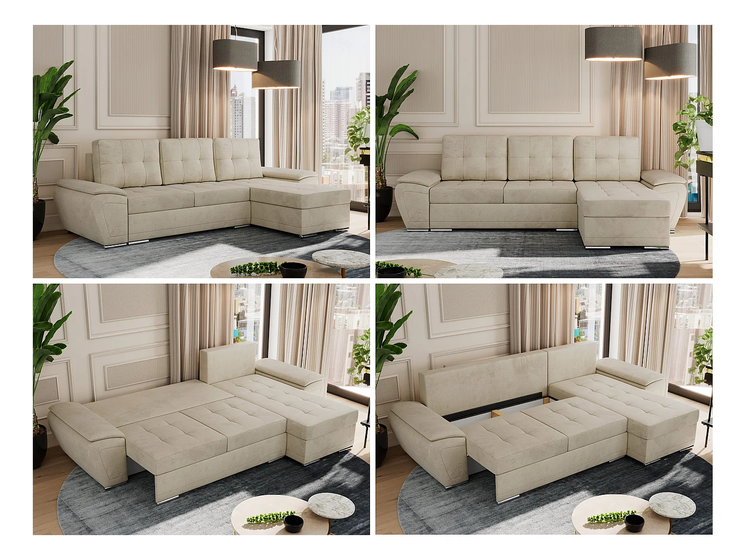 Ecksofa UMBRIA - universell L-form Couch, Schlaffunktion und Bettkasten, gesteppte Ecke - Beige Velvet