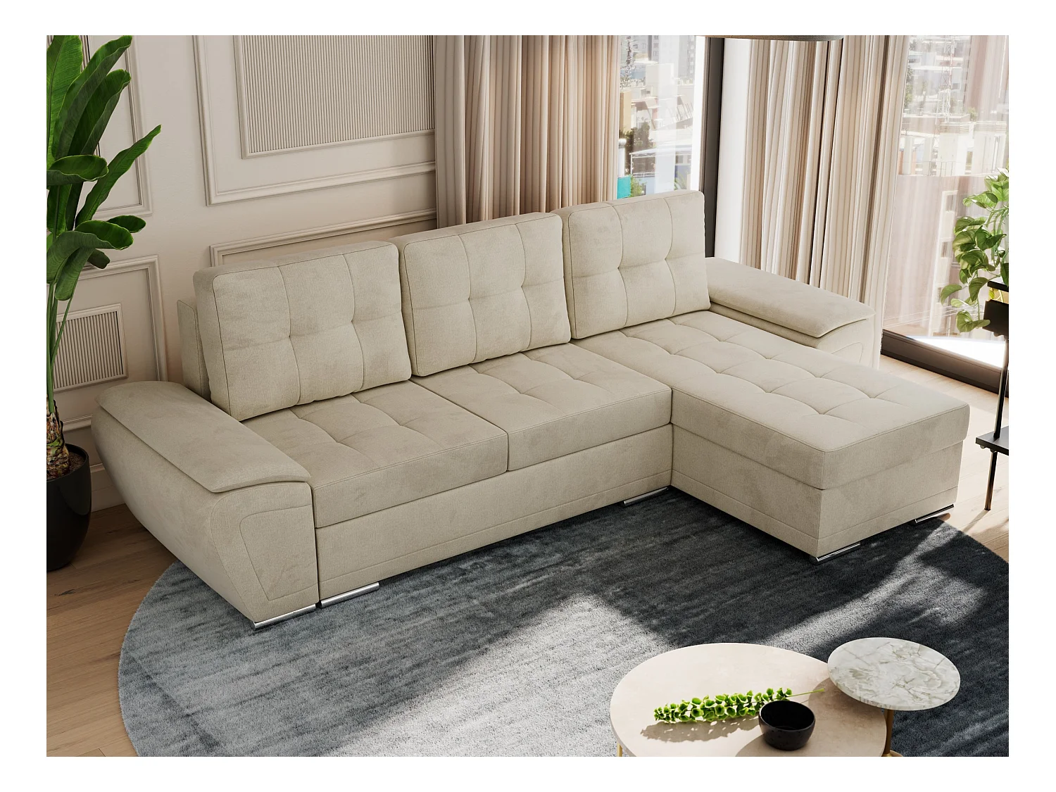 Ecksofa UMBRIA - universell L-form Couch, Schlaffunktion und Bettkasten, gesteppte Ecke - Beige Velvet