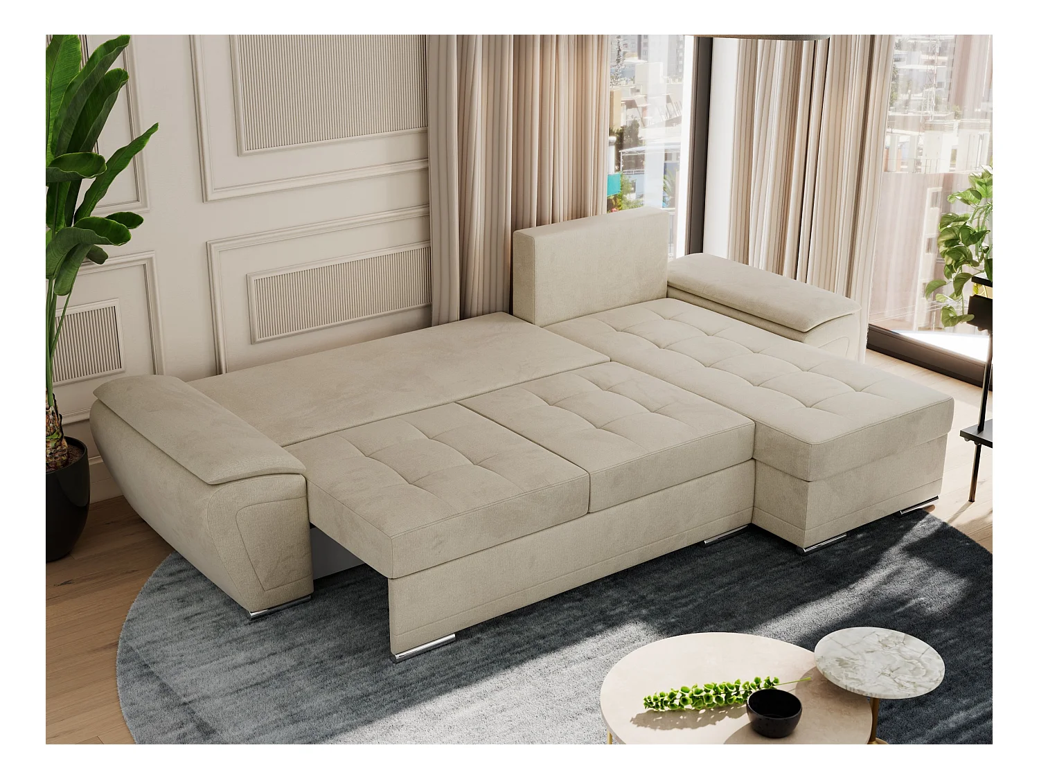 Ecksofa UMBRIA - universell L-form Couch, Schlaffunktion und Bettkasten, gesteppte Ecke - Beige Velvet