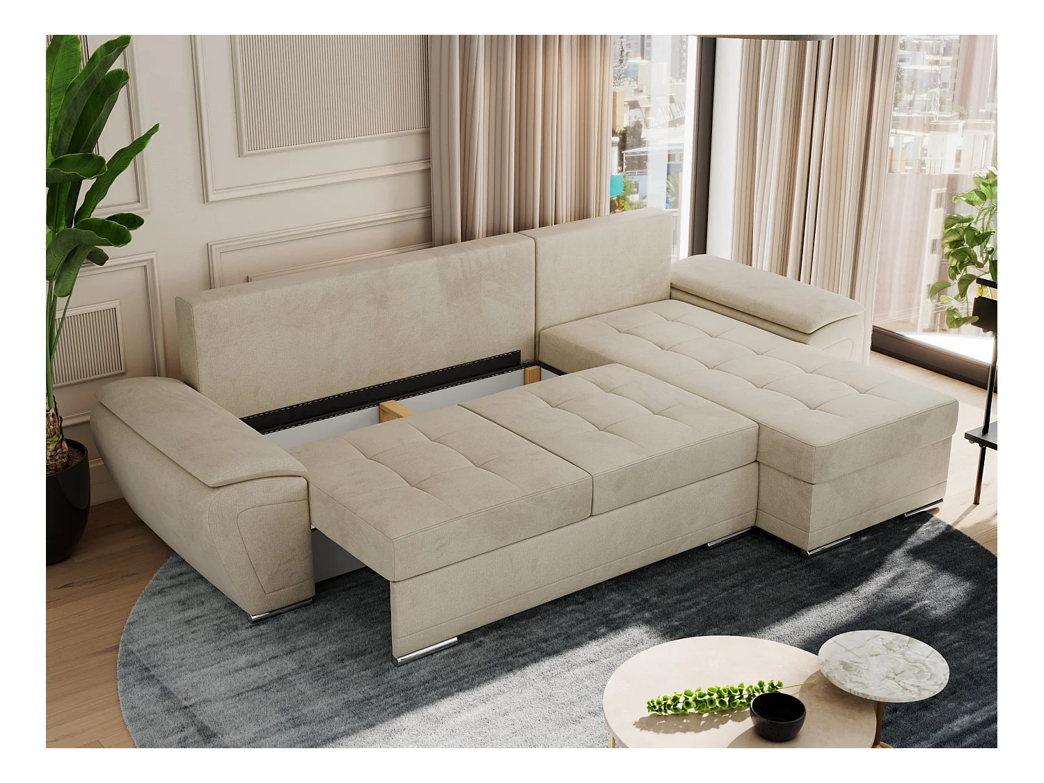 Ecksofa UMBRIA - universell L-form Couch, Schlaffunktion und Bettkasten, gesteppte Ecke - Beige Velvet
