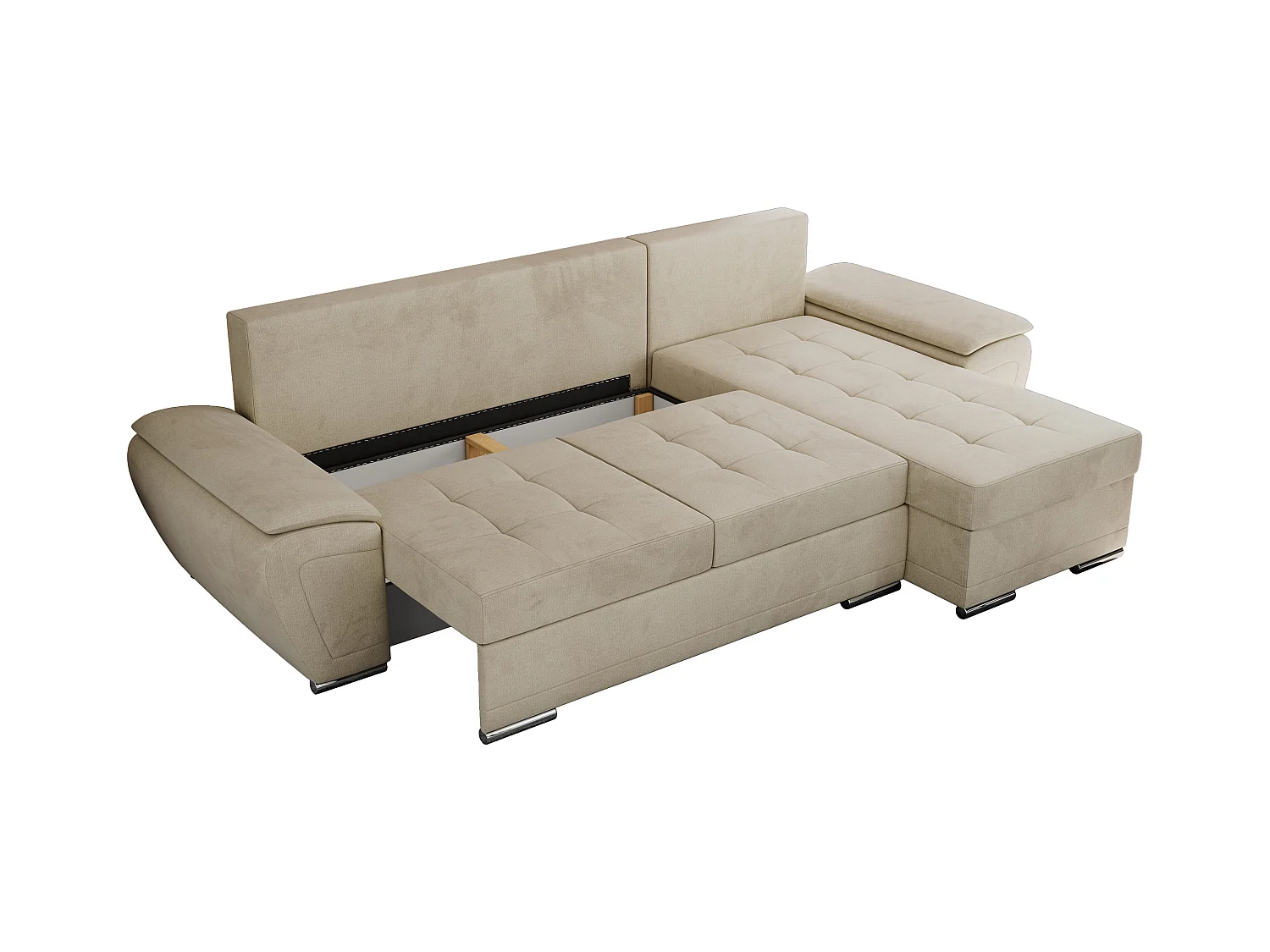 Ecksofa UMBRIA - universell L-form Couch, Schlaffunktion und Bettkasten, gesteppte Ecke - Beige Velvet
