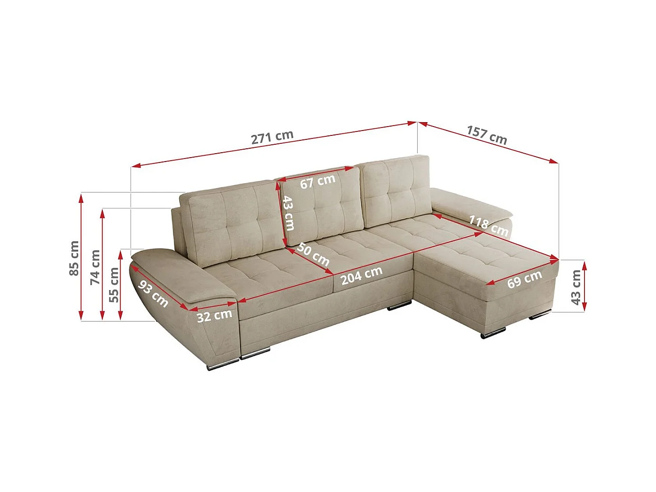 Ecksofa UMBRIA - universell L-form Couch, Schlaffunktion und Bettkasten, gesteppte Ecke - Beige Velvet
