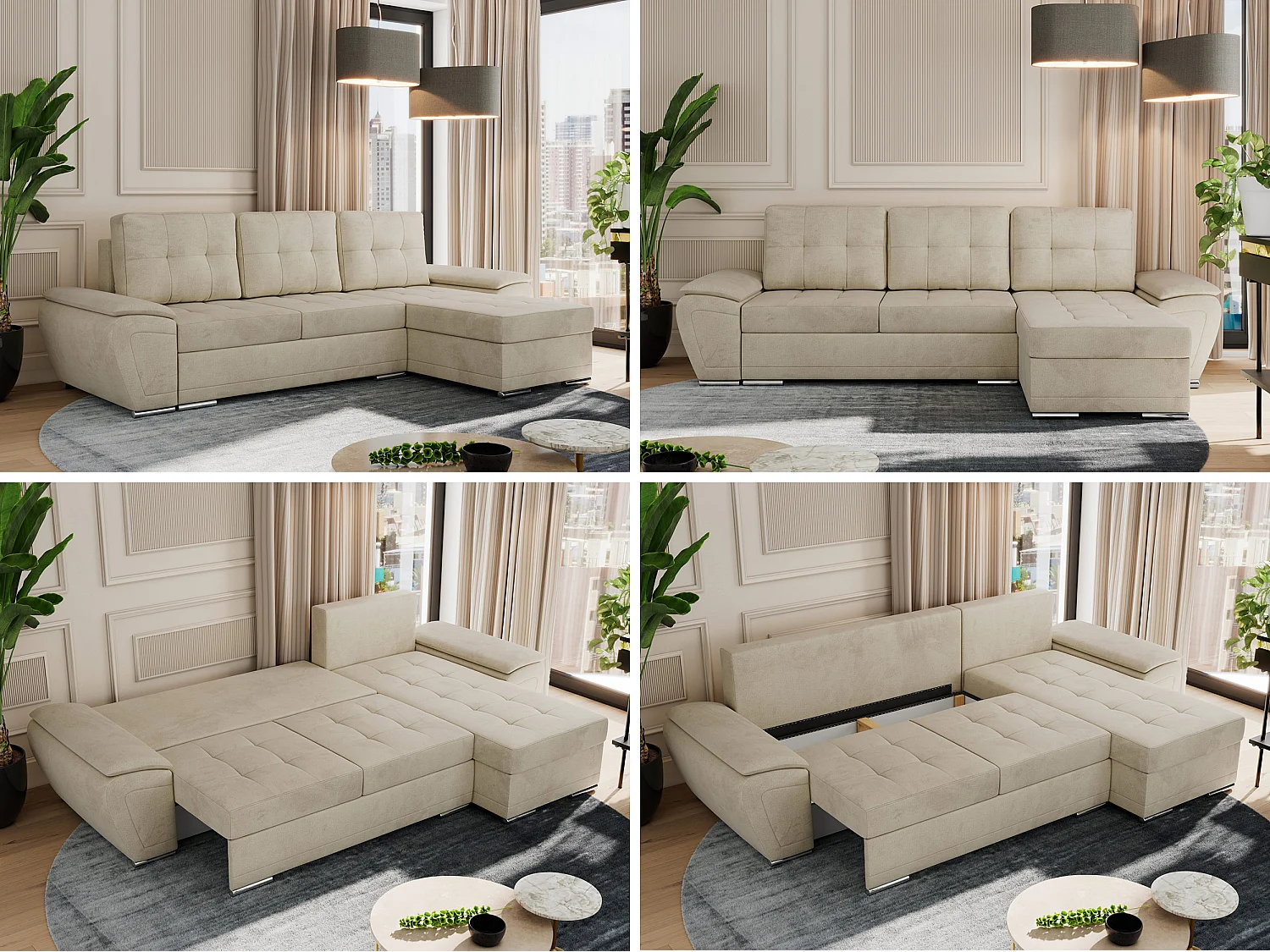 Ecksofa UMBRIA - universell L-form Couch, Schlaffunktion und Bettkasten, gesteppte Ecke - Beige Velvet