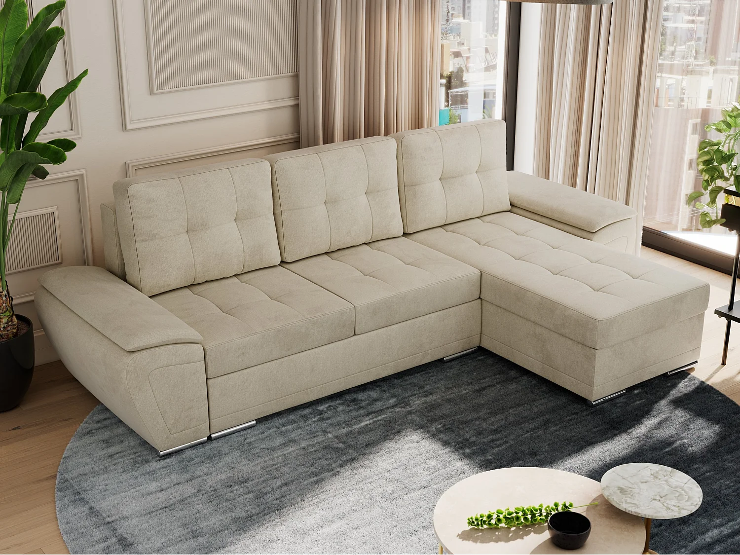 Ecksofa UMBRIA - universell L-form Couch, Schlaffunktion und Bettkasten, gesteppte Ecke - Beige Velvet
