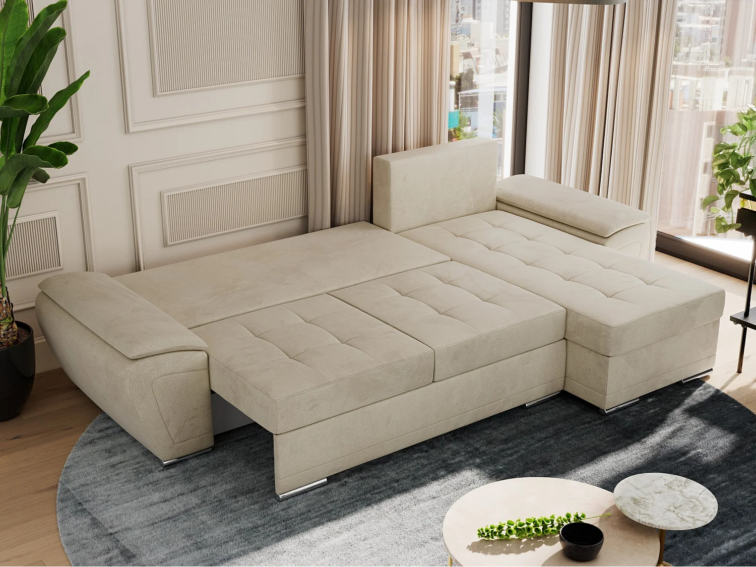 Ecksofa UMBRIA - universell L-form Couch, Schlaffunktion und Bettkasten, gesteppte Ecke - Beige Velvet