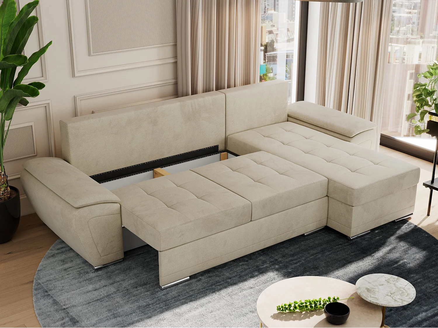 Ecksofa UMBRIA - universell L-form Couch, Schlaffunktion und Bettkasten, gesteppte Ecke - Beige Velvet