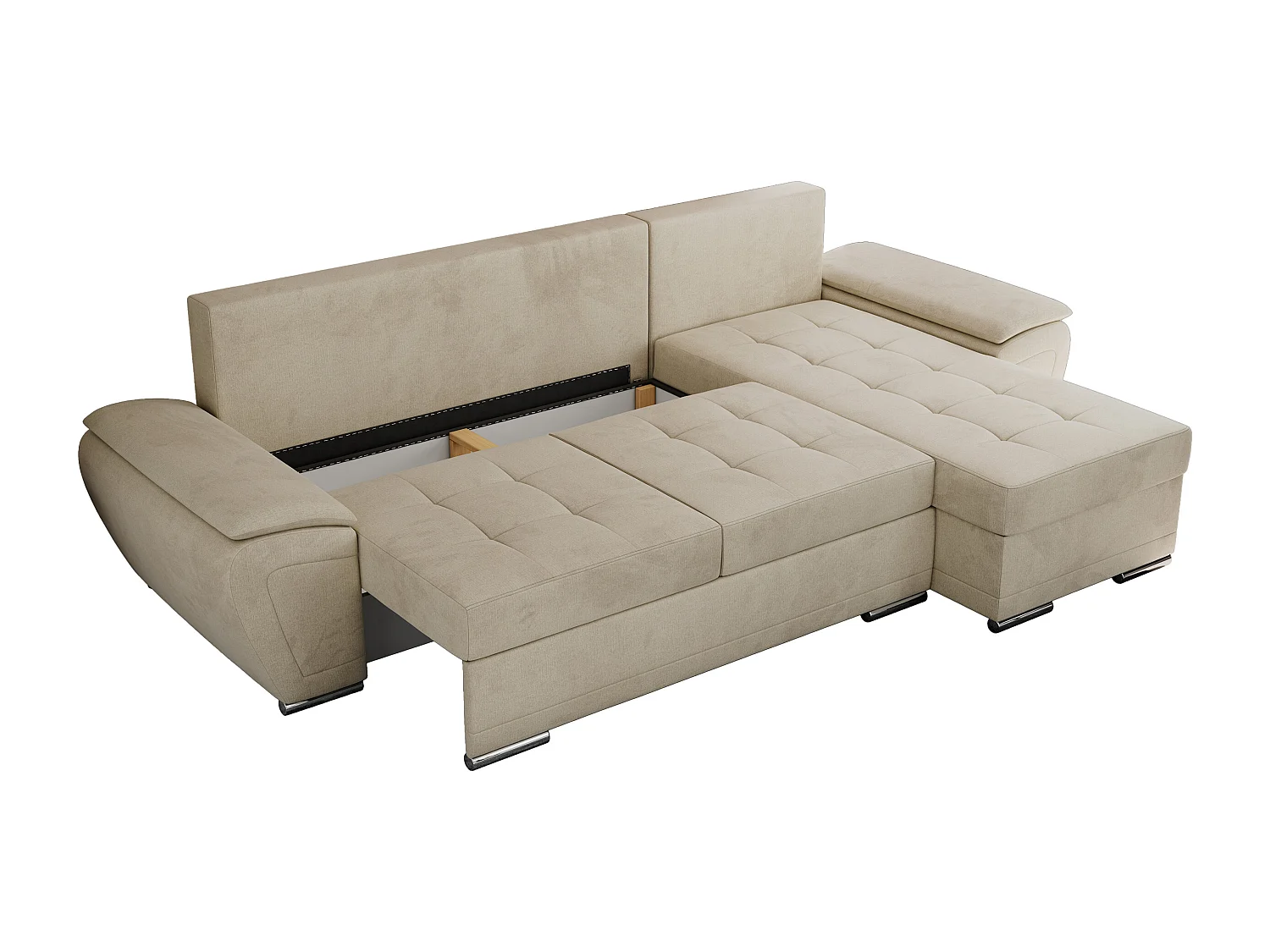 Ecksofa UMBRIA - universell L-form Couch, Schlaffunktion und Bettkasten, gesteppte Ecke - Beige Velvet