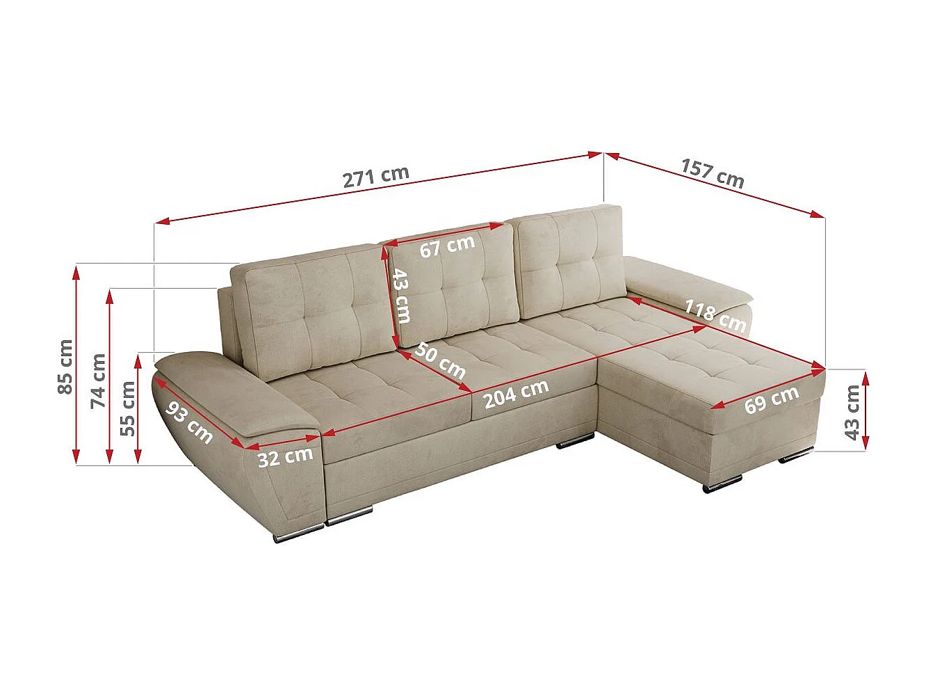 Ecksofa UMBRIA - universell L-form Couch, Schlaffunktion und Bettkasten, gesteppte Ecke - Beige Velvet