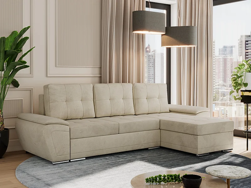 Ecksofa UMBRIA - universell L-form Couch, Schlaffunktion und Bettkasten, gesteppte Ecke - Beige Velvet