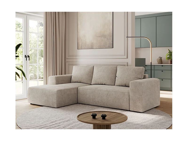 Ecksofa TRENTINO - mit Schlaffunktion und Bettkasten, L-form Couch, lose Kissen und Armlehnen - Beige Stukture - Ecke Links
