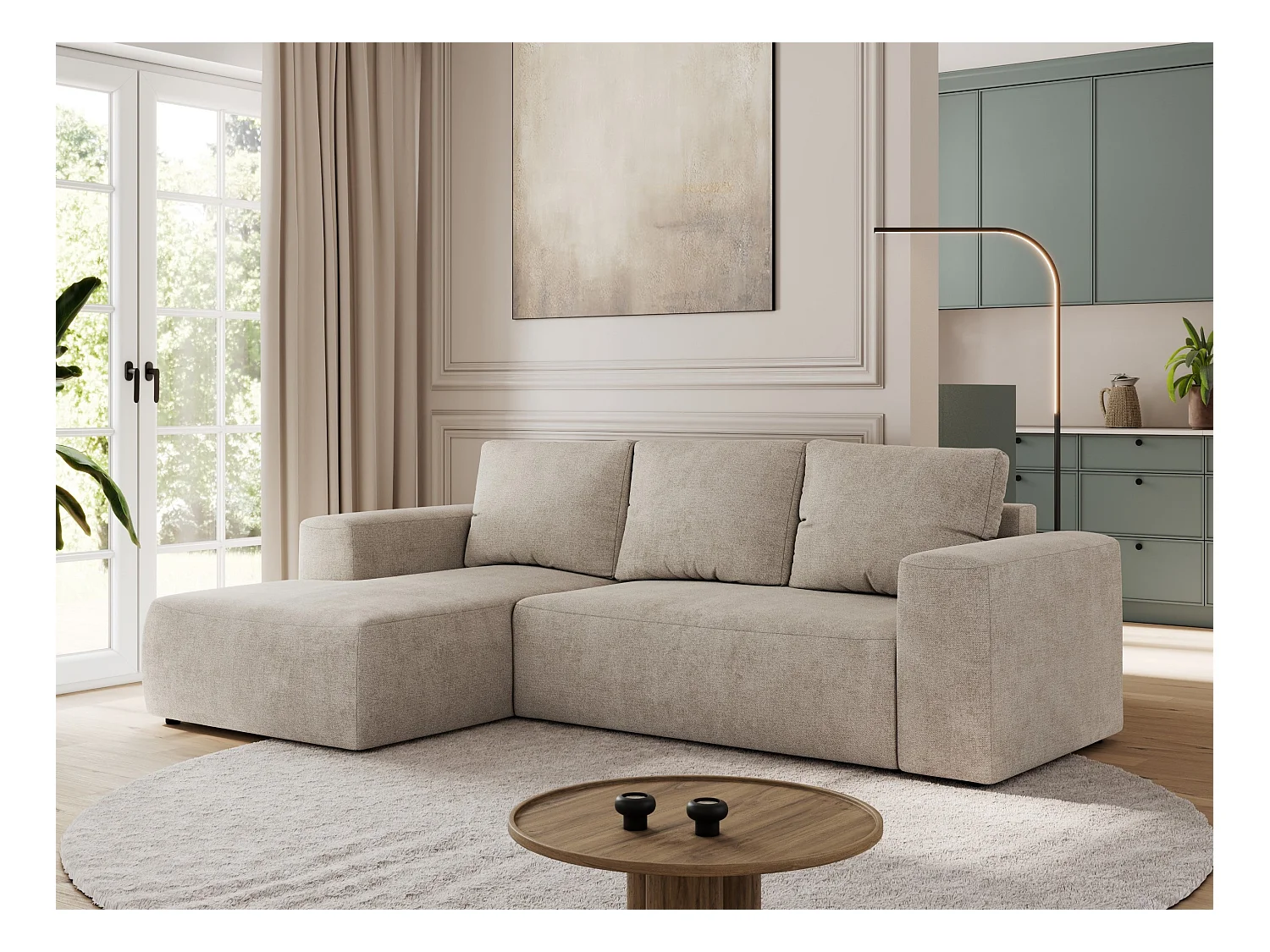 Ecksofa TRENTINO - mit Schlaffunktion und Bettkasten, L-form Couch, lose Kissen und Armlehnen - Beige Stukture - Ecke Links
