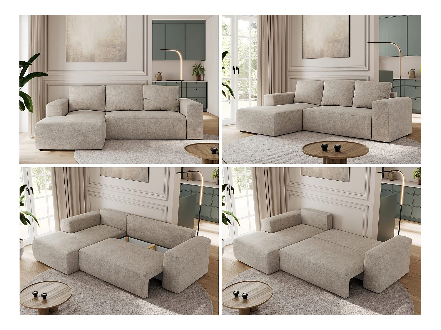 Ecksofa TRENTINO - mit Schlaffunktion und Bettkasten, L-form Couch, lose Kissen und Armlehnen - Beige Stukture - Ecke Links
