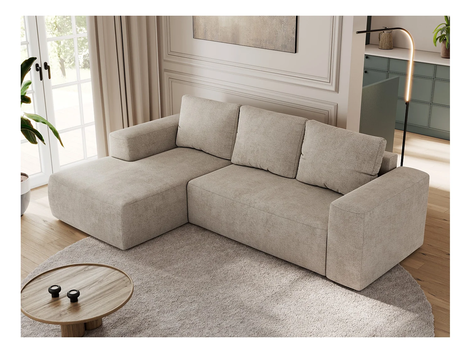 Ecksofa TRENTINO - mit Schlaffunktion und Bettkasten, L-form Couch, lose Kissen und Armlehnen - Beige Stukture - Ecke Links