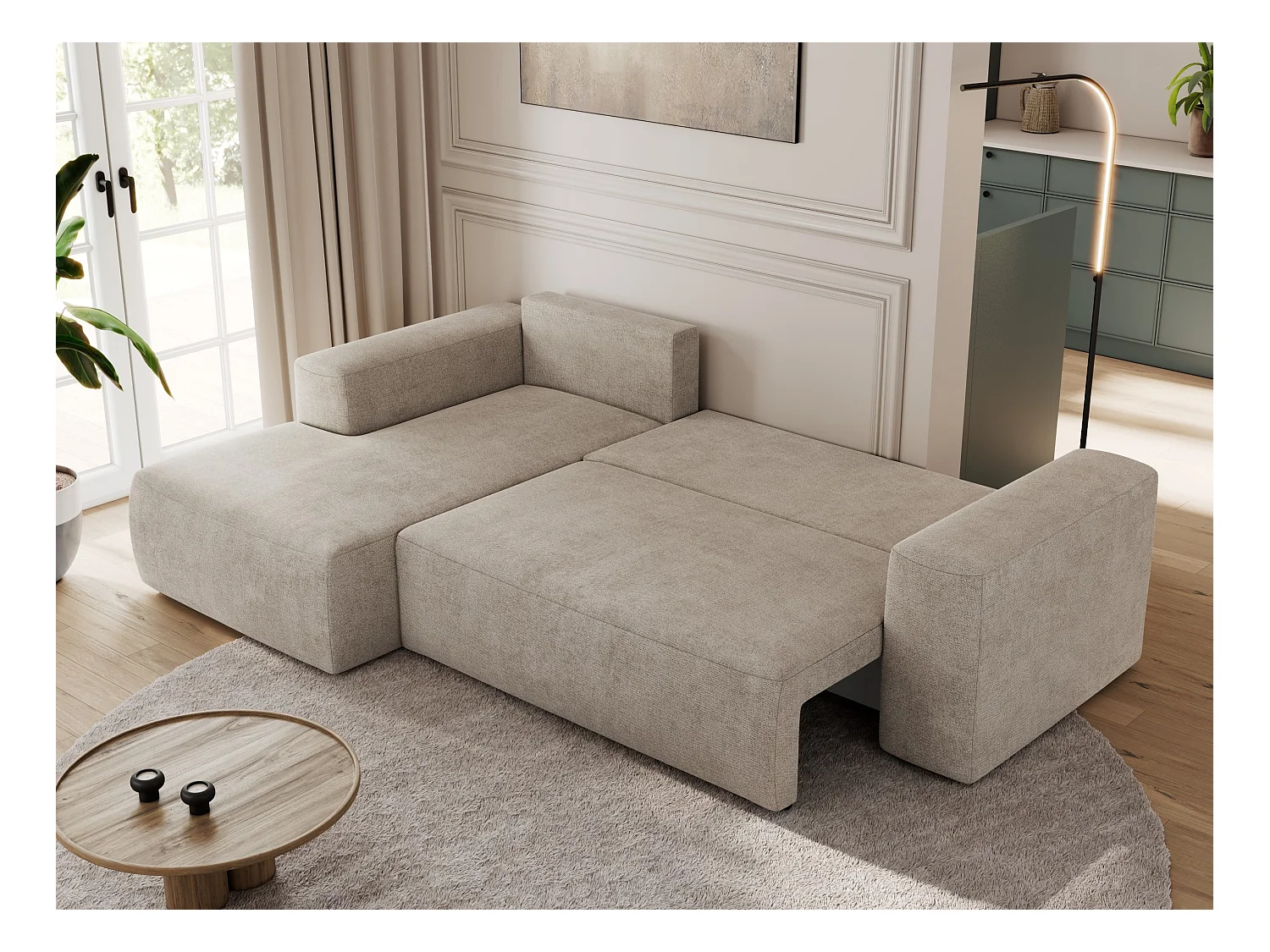Ecksofa TRENTINO - mit Schlaffunktion und Bettkasten, L-form Couch, lose Kissen und Armlehnen - Beige Stukture - Ecke Links