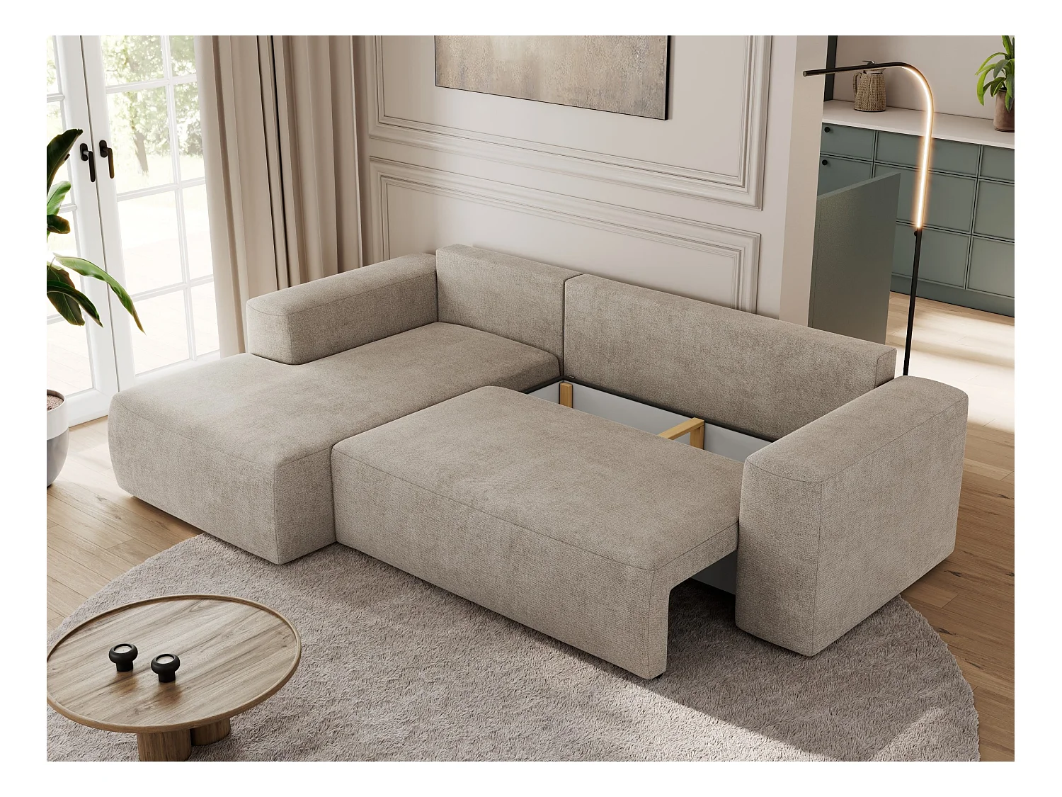 Ecksofa TRENTINO - mit Schlaffunktion und Bettkasten, L-form Couch, lose Kissen und Armlehnen - Beige Stukture - Ecke Links