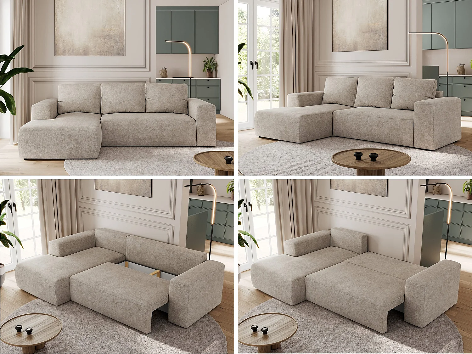 Ecksofa TRENTINO - mit Schlaffunktion und Bettkasten, L-form Couch, lose Kissen und Armlehnen - Beige Stukture - Ecke Links