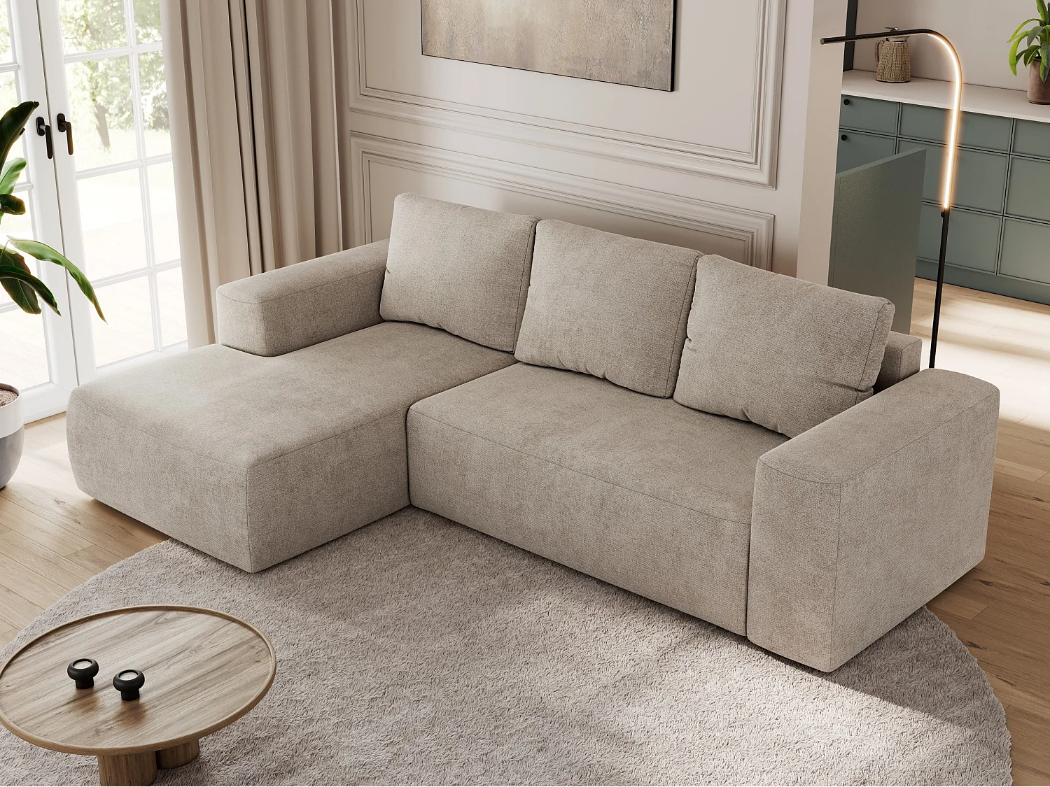 Ecksofa TRENTINO - mit Schlaffunktion und Bettkasten, L-form Couch, lose Kissen und Armlehnen - Beige Stukture - Ecke Links