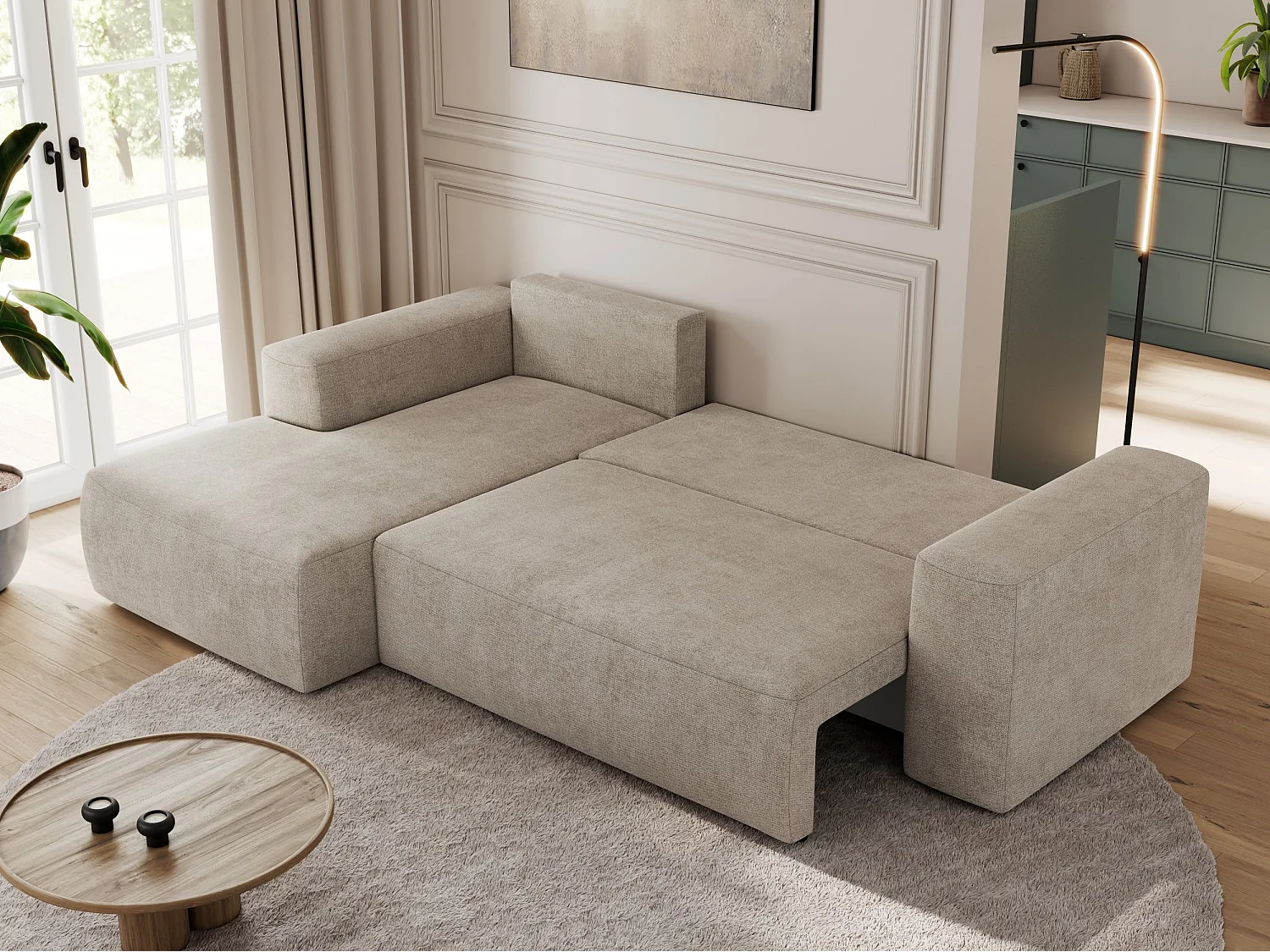 Ecksofa TRENTINO - mit Schlaffunktion und Bettkasten, L-form Couch, lose Kissen und Armlehnen - Beige Stukture - Ecke Links