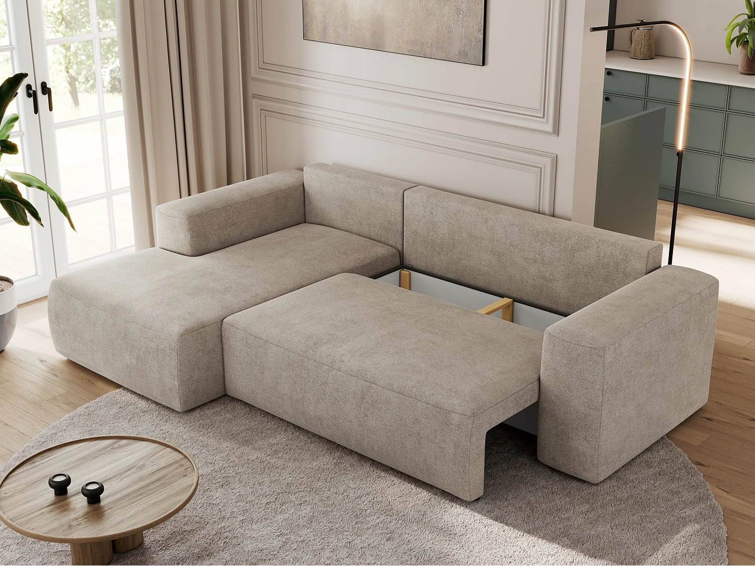 Ecksofa TRENTINO - mit Schlaffunktion und Bettkasten, L-form Couch, lose Kissen und Armlehnen - Beige Stukture - Ecke Links