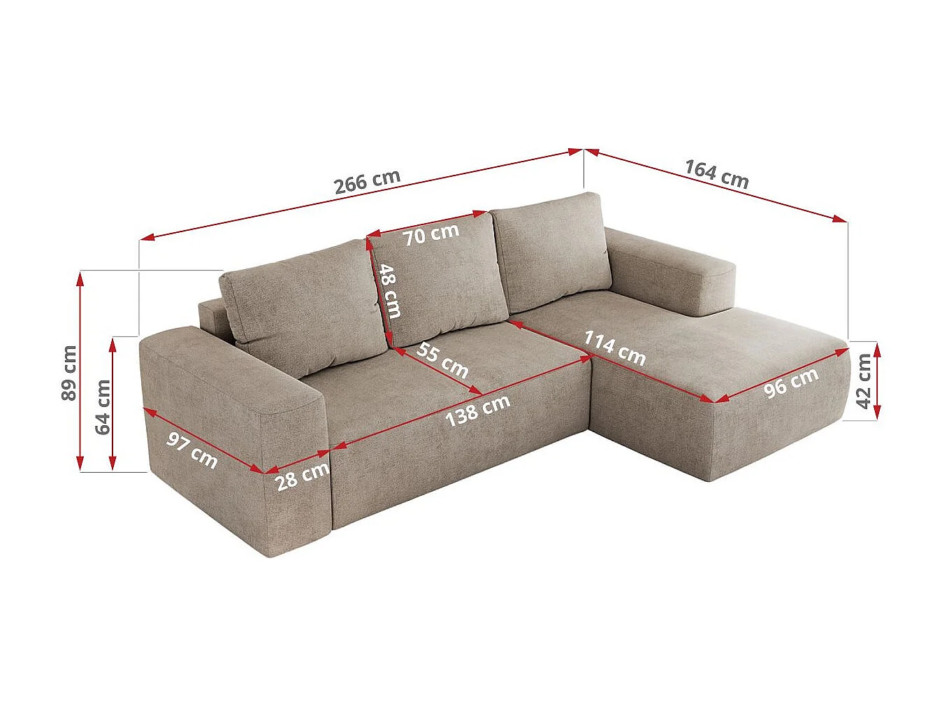 Ecksofa TRENTINO - mit Schlaffunktion und Bettkasten, L-form Couch, lose Kissen und Armlehnen - Beige Stukture - Ecke Links