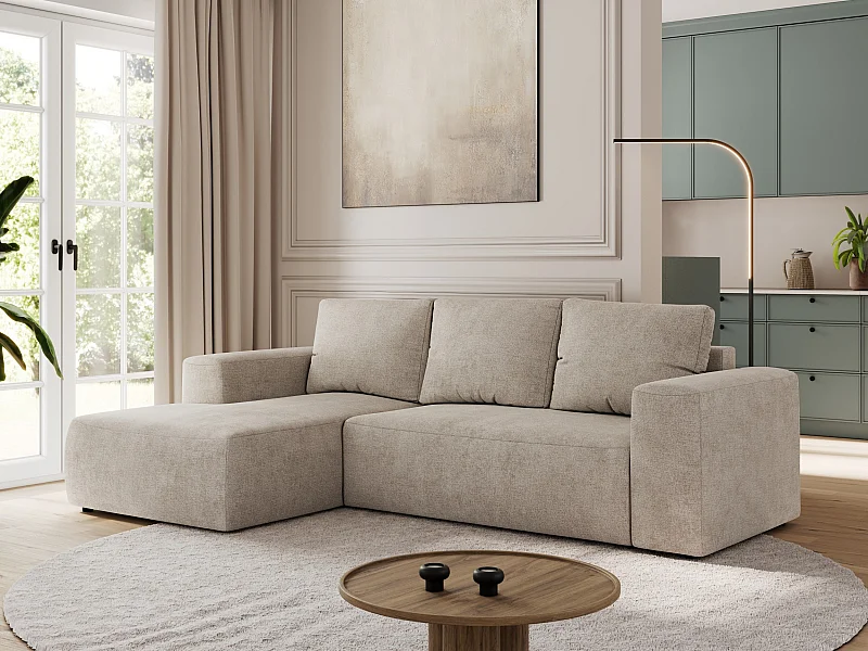 Ecksofa TRENTINO - mit Schlaffunktion und Bettkasten, L-form Couch, lose Kissen und Armlehnen - Beige Stukture - Ecke Links