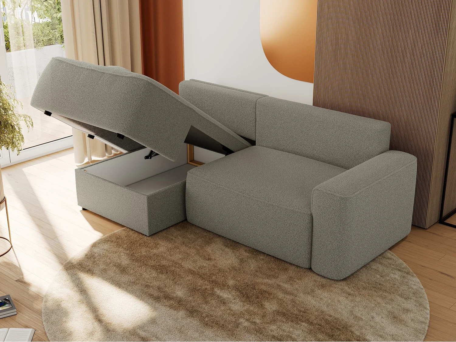 Ecksofa BELLUNO - Schlafsofa mit Bettkasten, Armlehnen, Couch L-form mit Schlaffunktion - Hellgrau Boucle - Ecke Links