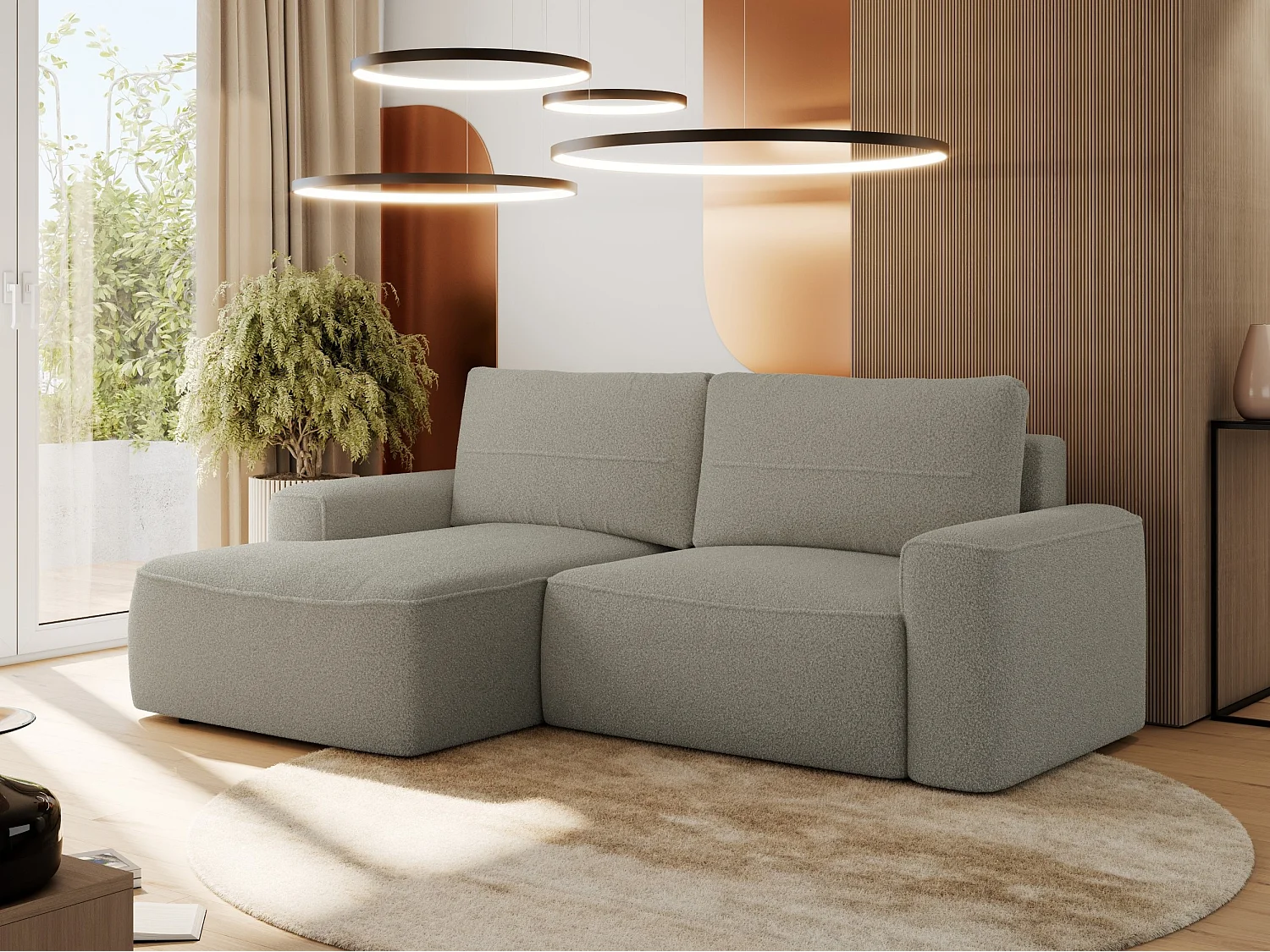 Ecksofa BELLUNO - Schlafsofa mit Bettkasten, Armlehnen, Couch L-form mit Schlaffunktion - Hellgrau Boucle - Ecke Links