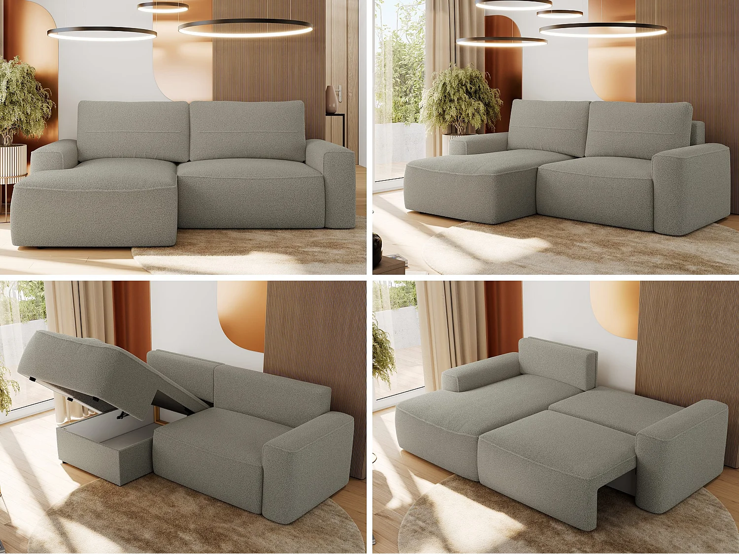 Ecksofa BELLUNO - Schlafsofa mit Bettkasten, Armlehnen, Couch L-form mit Schlaffunktion - Hellgrau Boucle - Ecke Links