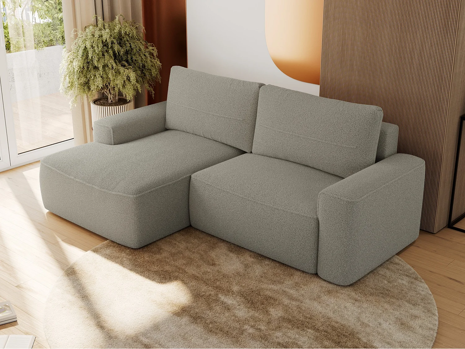 Ecksofa BELLUNO - Schlafsofa mit Bettkasten, Armlehnen, Couch L-form mit Schlaffunktion - Hellgrau Boucle - Ecke Links