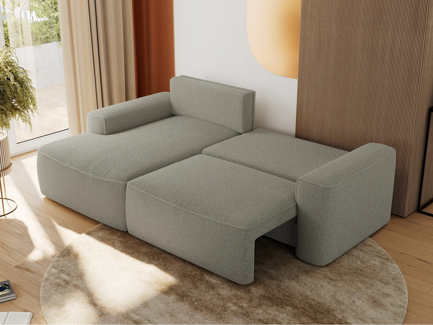 Ecksofa BELLUNO - Schlafsofa mit Bettkasten, Armlehnen, Couch L-form mit Schlaffunktion - Hellgrau Boucle - Ecke Links