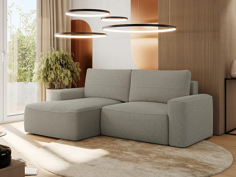 Ecksofa BELLUNO - Schlafsofa mit Bettkasten, Armlehnen, Couch L-form mit Schlaffunktion - Hellgrau Boucle - Ecke Links