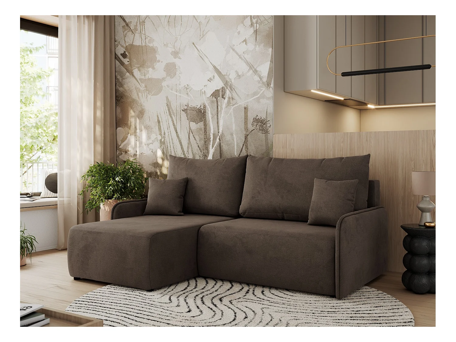 Ecksofa ARPA - L-form Schlaffsofa, Bettkasten und lose Kissen, Armlehnen - Braun Velvet - Ecke Links