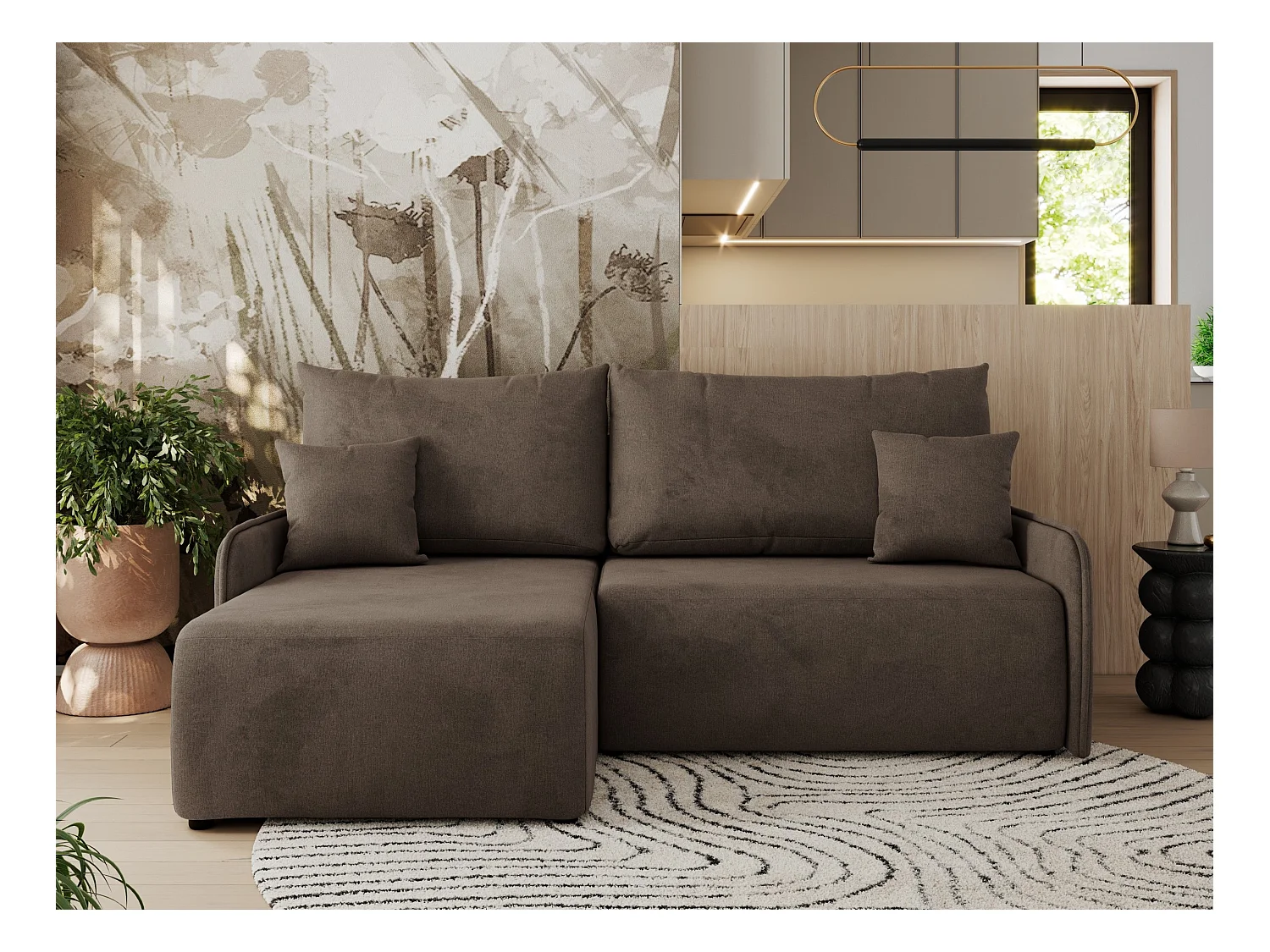 Ecksofa ARPA - L-form Schlaffsofa, Bettkasten und lose Kissen, Armlehnen - Braun Velvet - Ecke Links