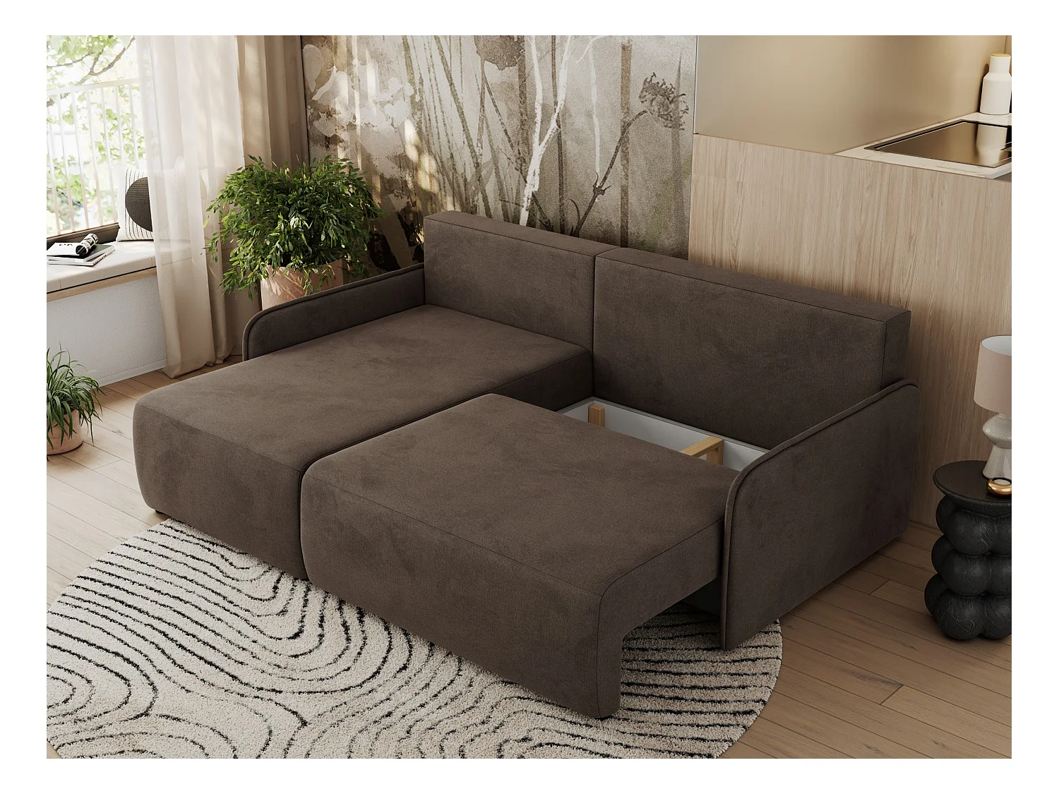 Ecksofa ARPA - L-form Schlaffsofa, Bettkasten und lose Kissen, Armlehnen - Braun Velvet - Ecke Links