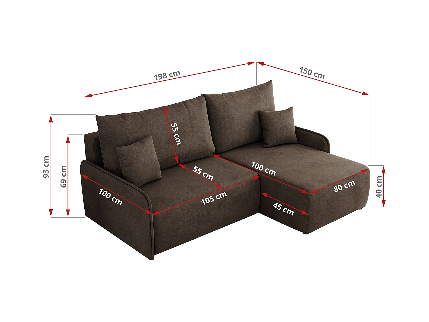 Ecksofa ARPA - L-form Schlaffsofa, Bettkasten und lose Kissen, Armlehnen - Braun Velvet - Ecke Links