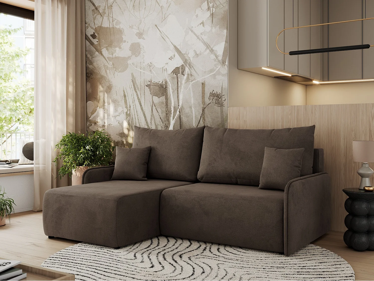Ecksofa ARPA - L-form Schlaffsofa, Bettkasten und lose Kissen, Armlehnen - Braun Velvet - Ecke Links