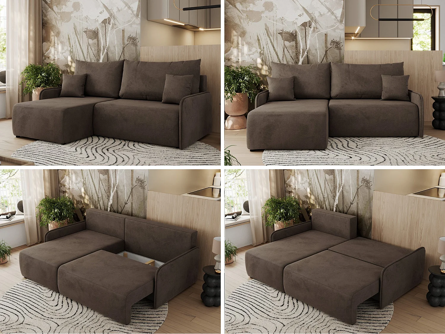 Ecksofa ARPA - L-form Schlaffsofa, Bettkasten und lose Kissen, Armlehnen - Braun Velvet - Ecke Links