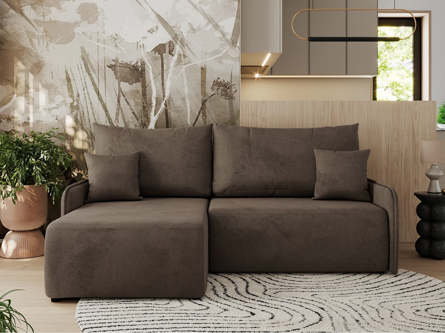 Ecksofa ARPA - L-form Schlaffsofa, Bettkasten und lose Kissen, Armlehnen - Braun Velvet - Ecke Links
