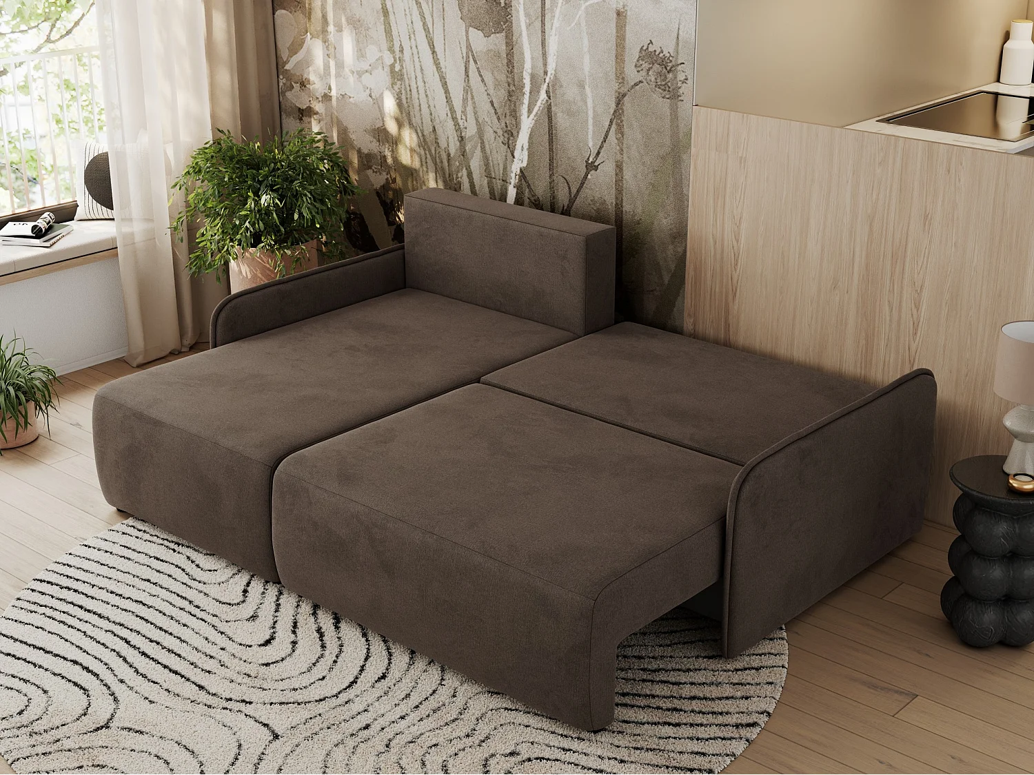 Ecksofa ARPA - L-form Schlaffsofa, Bettkasten und lose Kissen, Armlehnen - Braun Velvet - Ecke Links