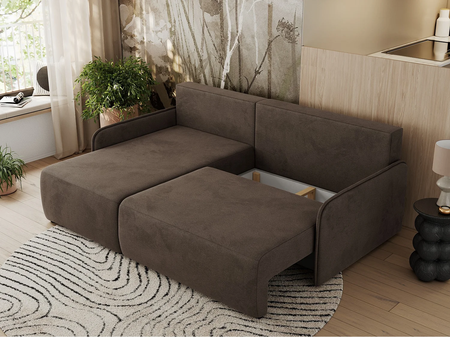Ecksofa ARPA - L-form Schlaffsofa, Bettkasten und lose Kissen, Armlehnen - Braun Velvet - Ecke Links