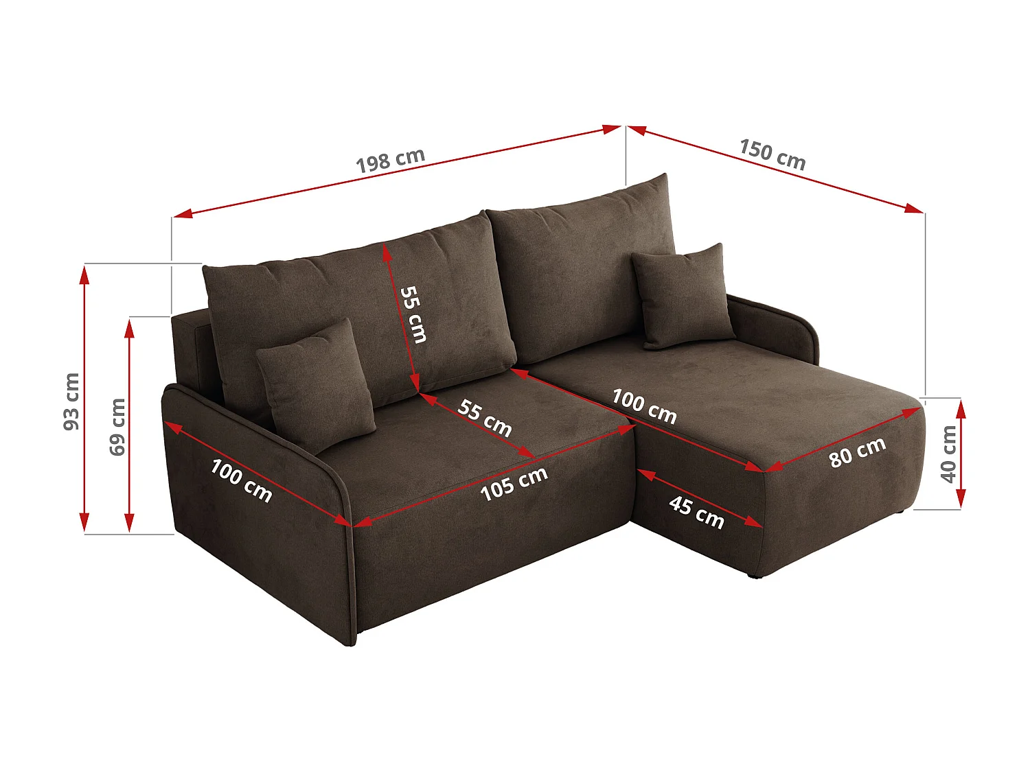 Ecksofa ARPA - L-form Schlaffsofa, Bettkasten und lose Kissen, Armlehnen - Braun Velvet - Ecke Links