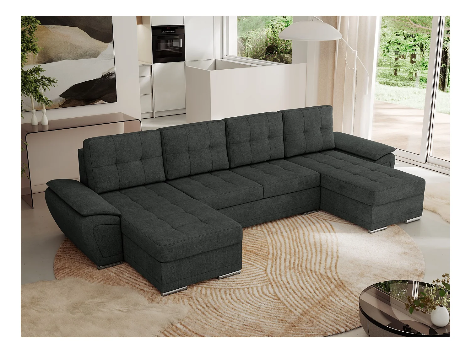 Ecksofa UMBRIA U - XXL Wohnlandschaft, mit Schlaffunktion und Bettkasten, genähte Ecke - Dunkelgrau Stukture