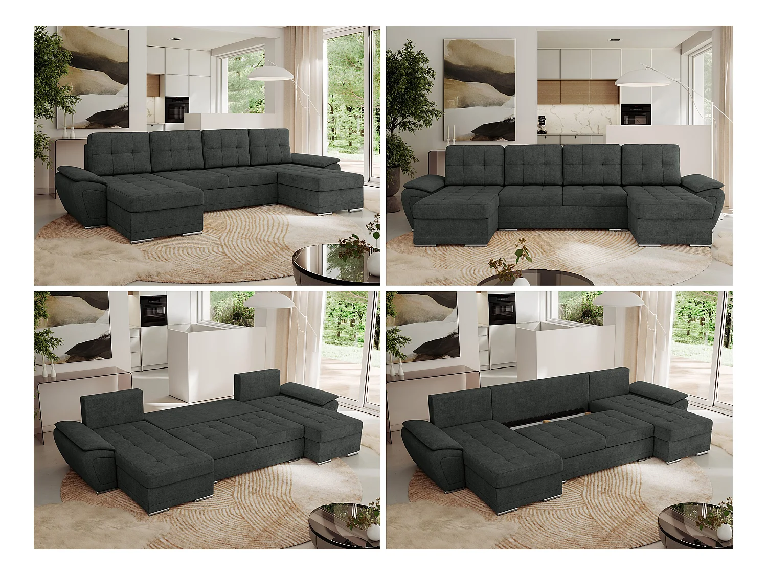 Ecksofa UMBRIA U - XXL Wohnlandschaft, mit Schlaffunktion und Bettkasten, genähte Ecke - Dunkelgrau Stukture
