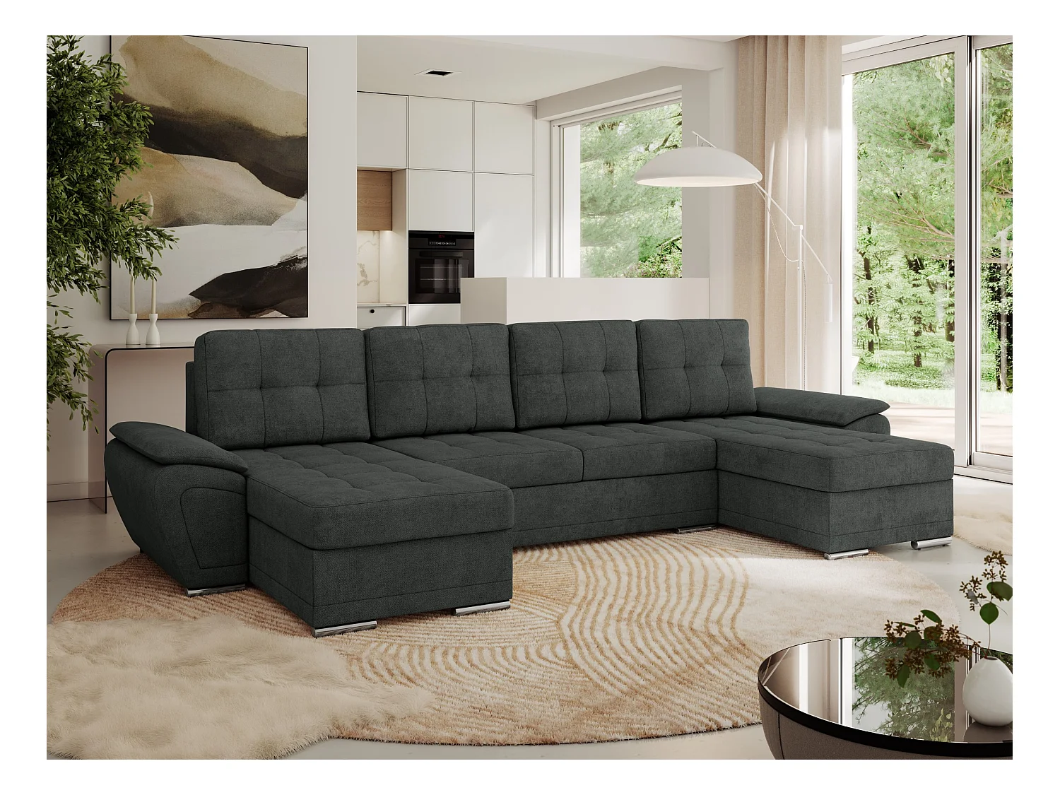 Ecksofa UMBRIA U - XXL Wohnlandschaft, mit Schlaffunktion und Bettkasten, genähte Ecke - Dunkelgrau Stukture