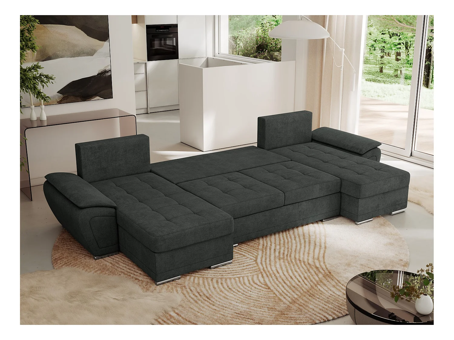 Ecksofa UMBRIA U - XXL Wohnlandschaft, mit Schlaffunktion und Bettkasten, genähte Ecke - Dunkelgrau Stukture