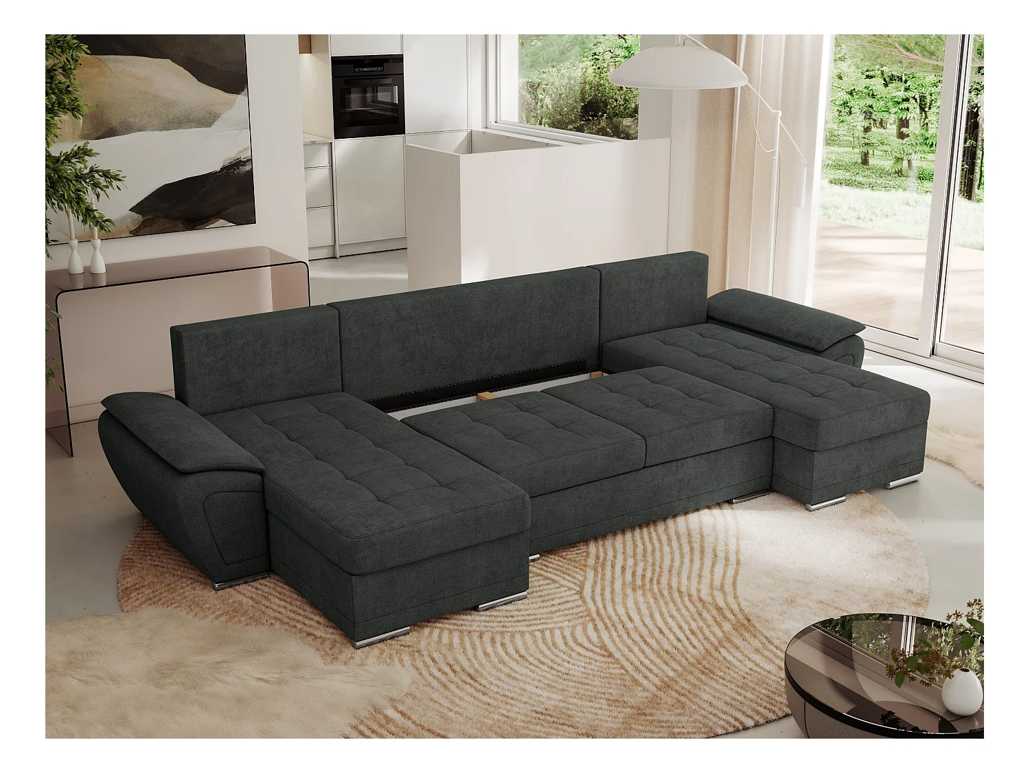Ecksofa UMBRIA U - XXL Wohnlandschaft, mit Schlaffunktion und Bettkasten, genähte Ecke - Dunkelgrau Stukture