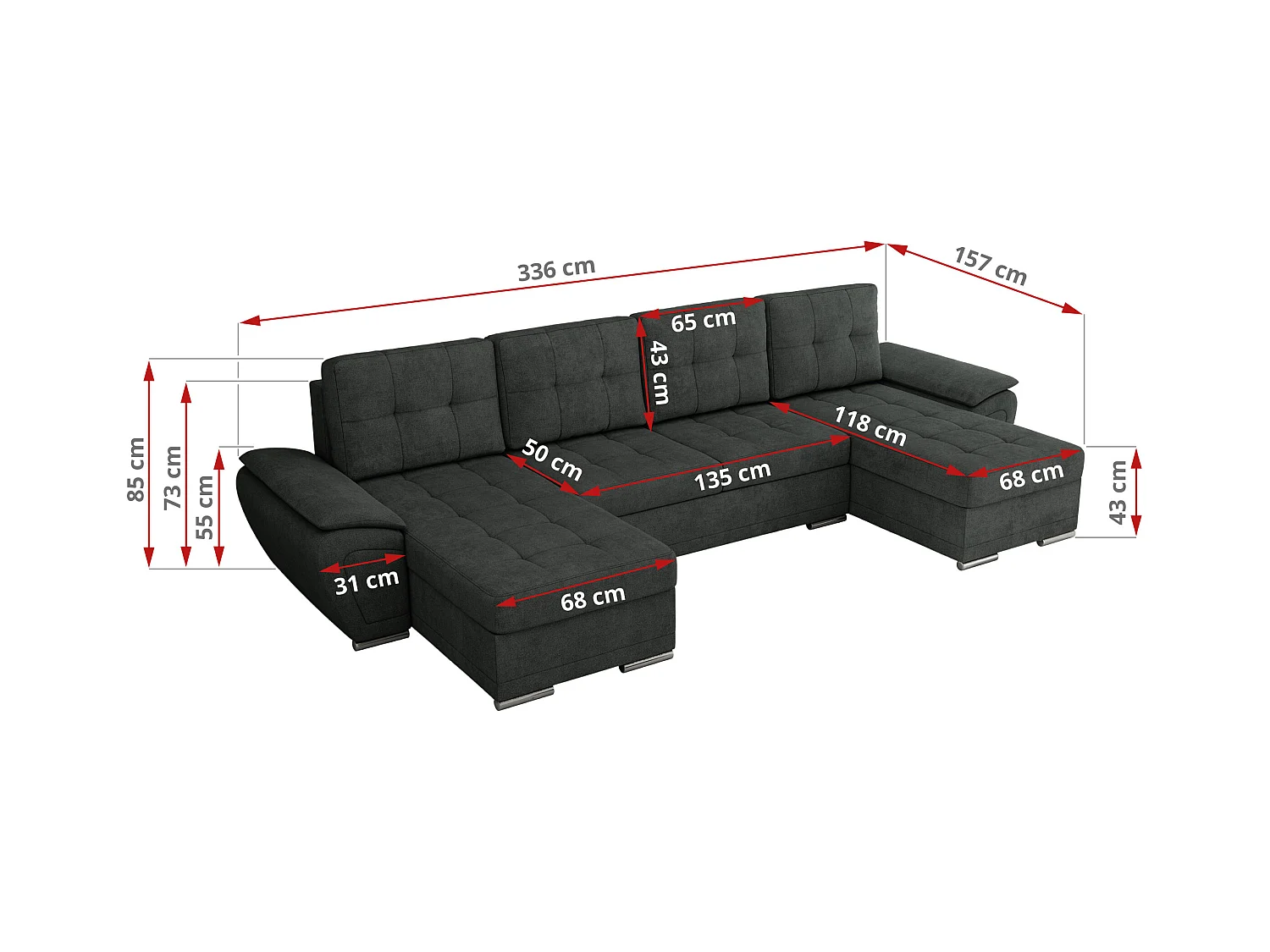 Ecksofa UMBRIA U - XXL Wohnlandschaft, mit Schlaffunktion und Bettkasten, genähte Ecke - Dunkelgrau Stukture