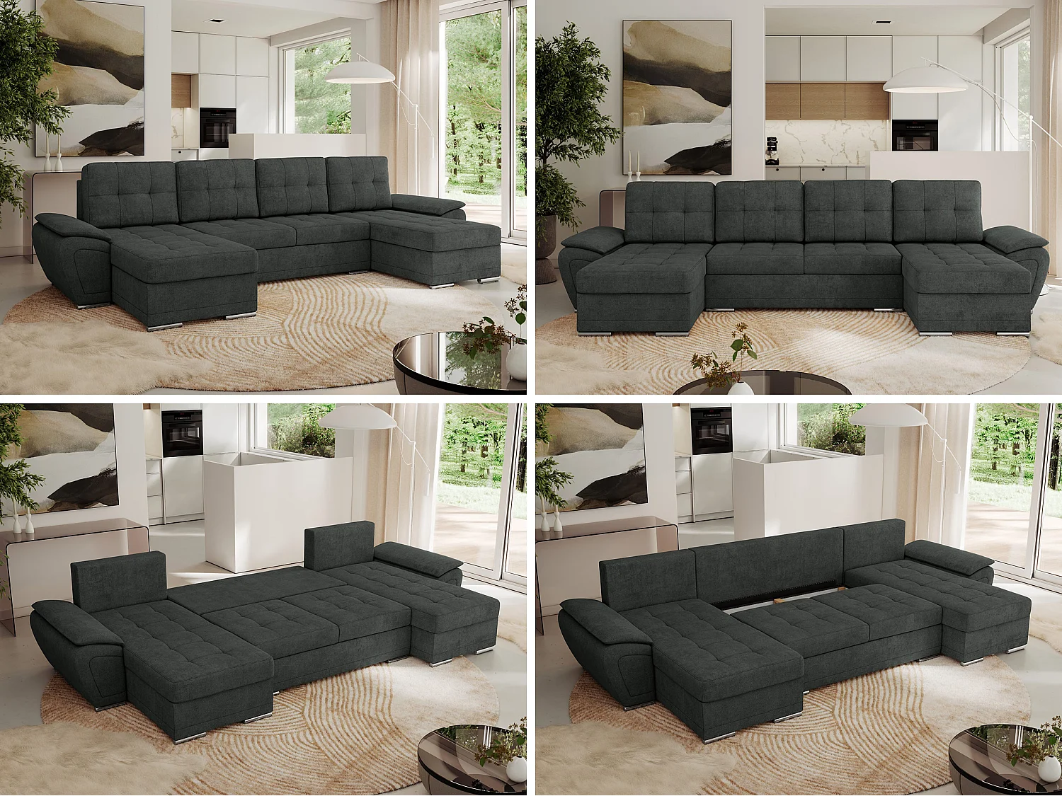 Ecksofa UMBRIA U - XXL Wohnlandschaft, mit Schlaffunktion und Bettkasten, genähte Ecke - Dunkelgrau Stukture